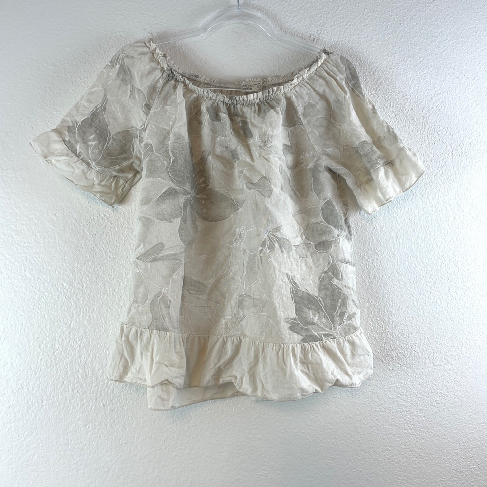 Terzo Millennio Floral Linen Off-Shoulder Top Size L Beige Gray Cottagecore Boho